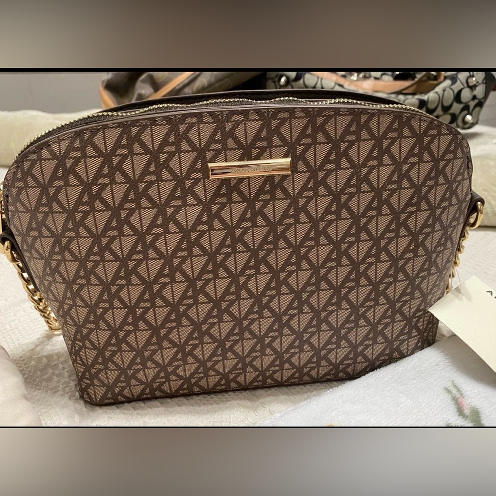 Anne Klein Tan and Brown Crossbody Bag with Elegant Monogram